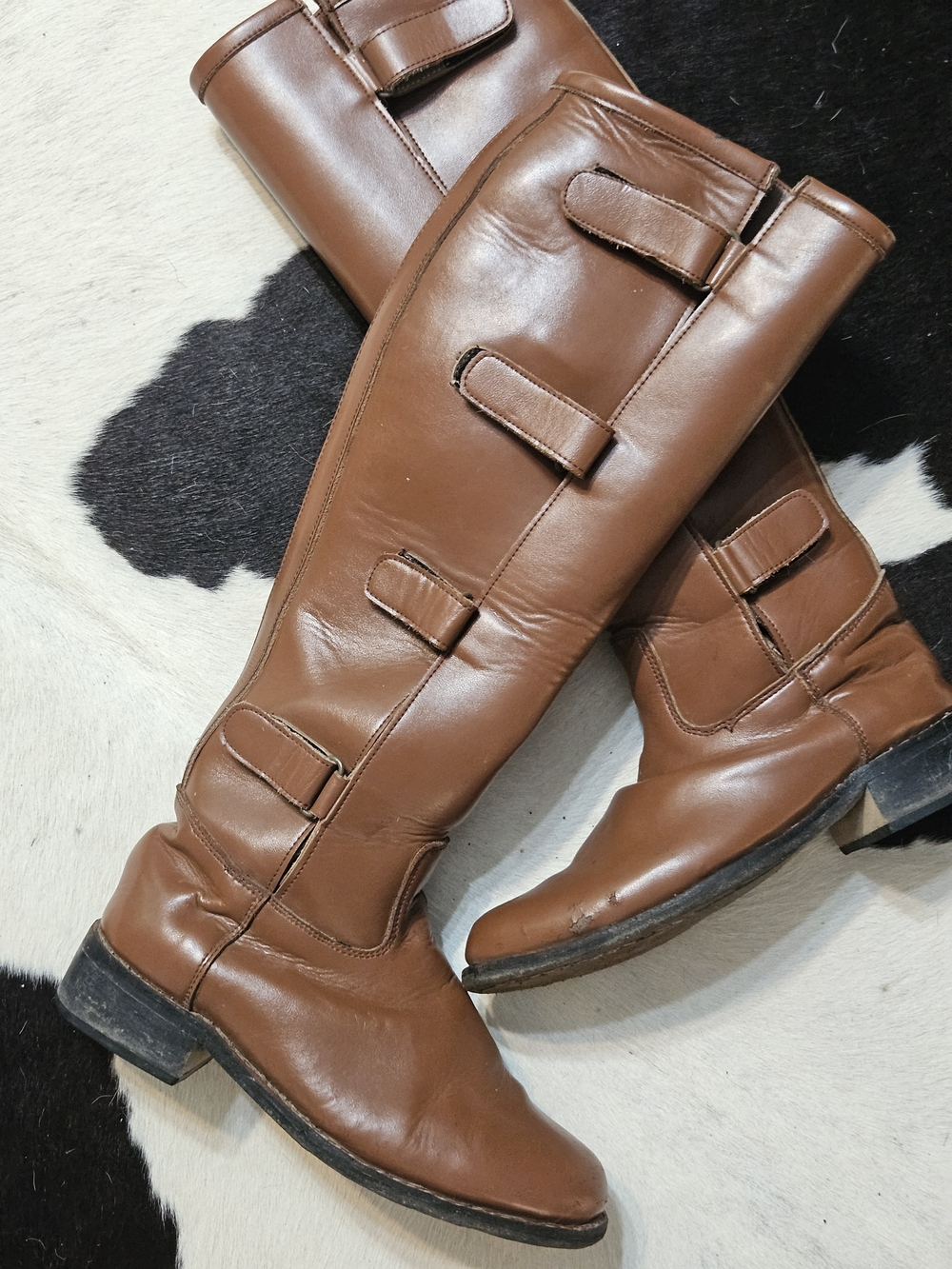 Vintage RIGID Brown Thick Leather Knee-High Riding Boots with Velcro Sz. 8/9